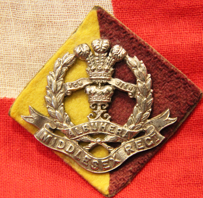 WW1 Middlesex Regt. Officer's Silver Cap Badge, With Rare Battalion Battle Patch