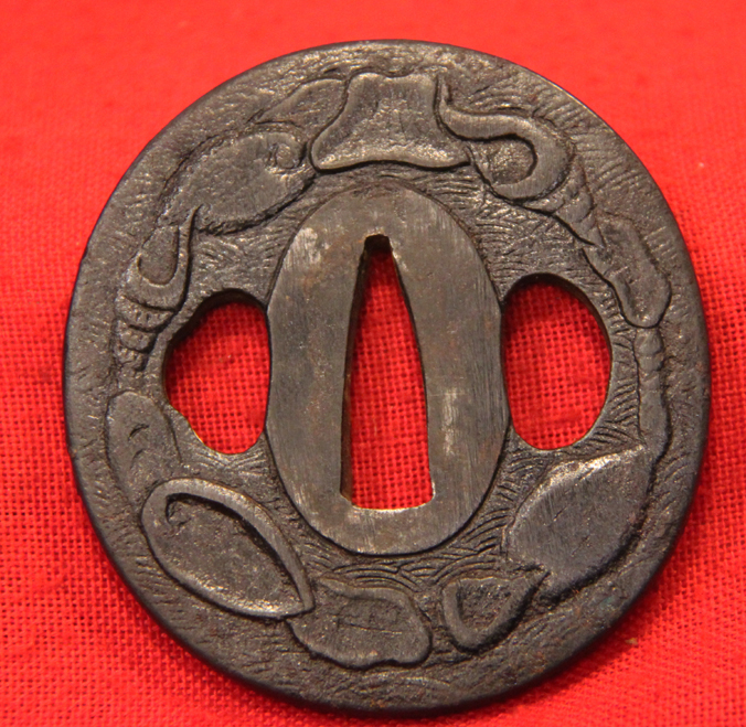 A Good Antique Edo Period Round Signed Tetsu Wakazashi Tsuba Embossed Seashells