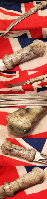 A Stunning, Moghul Indo Persian Khanjar Dagger, With Carved Jade, Inlaid with Cabochon Turquoise Handle, With 'Tiger Tooth', Wootz Steel, Double Fullered And Ribbed, Double Edged Blade