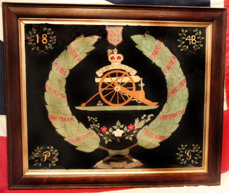 A Most Fine, Antique, Original Regimental Embroidery Of the Royal Artillery, P Battery, 63rd Royal Field Artillery, With Crimean War, Canada and Boer War Battle Honours. One Of The Best Examples We Have Seen in 50 Years