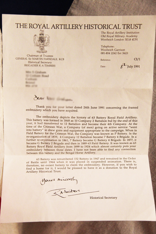 A Most Fine, Antique, Original Regimental Embroidery Of the Royal Artillery, P Battery, 63rd Royal Field Artillery, With Crimean War, Canada and Boer War Battle Honours. One Of The Best Examples We Have Seen in 50 Years