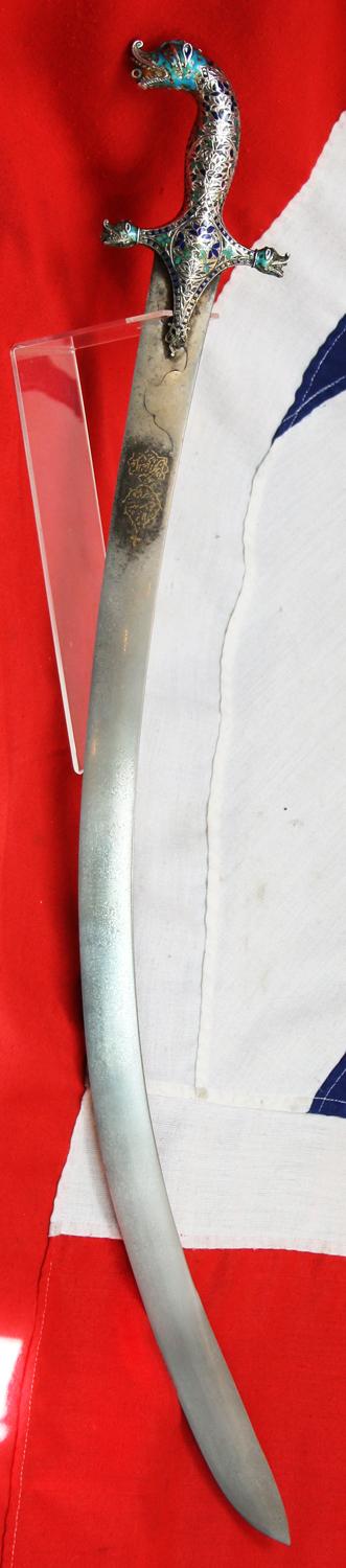 Fabulous Museum Grade Sword 18th Century Damascus Wootz Steel, Mohammed's Ladder Pattern, & Stunning Solid Silver & Enamel Makara Hilt, The 'Palace of the Nawab of Lucknow’. Probably One of The Most Beautiful & Finest Indian Princely Royal Swords