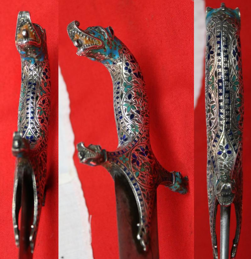 Fabulous Museum Grade Sword 18th Century Damascus Wootz Steel, Mohammed's Ladder Pattern, & Stunning Solid Silver & Enamel Makara Hilt, The 'Palace of the Nawab of Lucknow’. Probably One of The Most Beautiful & Finest Indian Princely Royal Swords