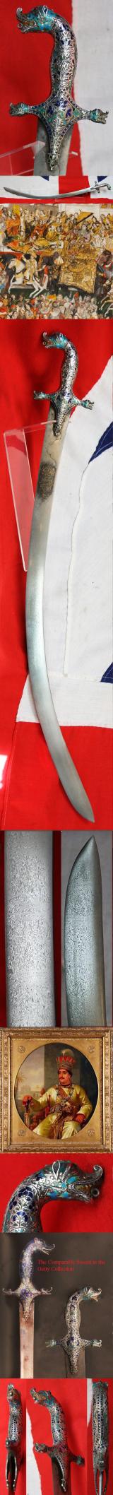 Fabulous Museum Grade Sword 18th Century Damascus Wootz Steel, Mohammed's Ladder Pattern, & Stunning Solid Silver & Enamel Makara Hilt, The 'Palace of the Nawab of Lucknow’. Probably One of The Most Beautiful & Finest Indian Princely Royal Swords