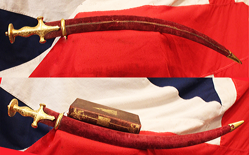 An Exceptionally Beautiful Gold Hilted Sword With ‘Laminated Damascus’ Pattern Steel Blade. A Sword of Highest Museum Quality. An Indian Prince's Tulwar, Accompanied With His Oriental Annual 1838