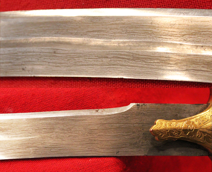 An Exceptionally Beautiful Gold Hilted Sword With ‘Laminated Damascus’ Pattern Steel Blade. A Sword of Highest Museum Quality. An Indian Prince's Tulwar, Accompanied With His Oriental Annual 1838