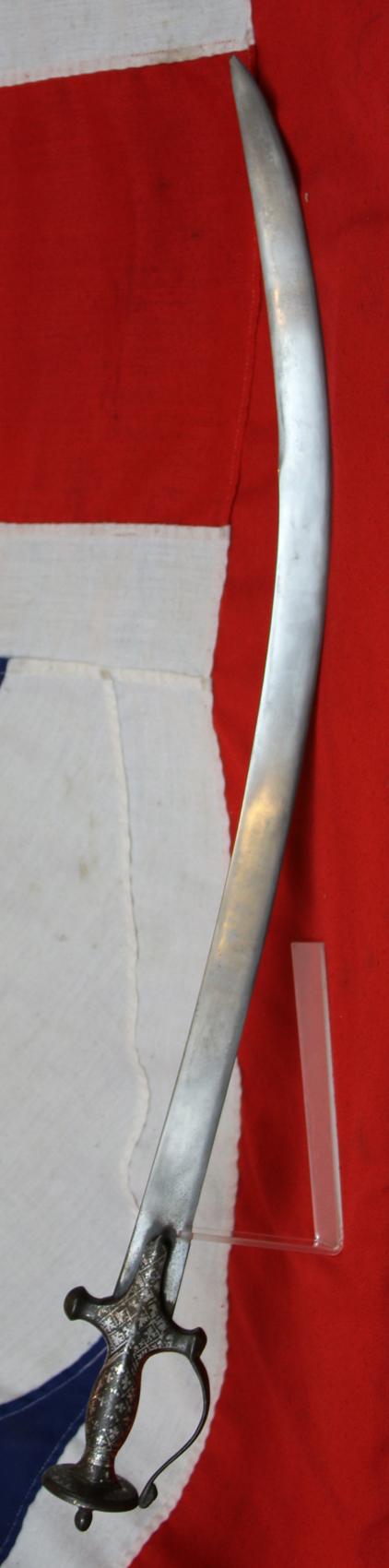 Superb Antique Indian Tulwar 17th to 18th Century Silver Decor Hilted Sword With Hybrid Wootz Damascus Shamshir Blade. It Has Just Returned From Expert Museum Grade Conservation, Polishing & Etching of The Blade To Reveal Its Stunning Pattern