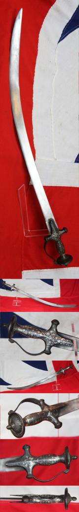 Superb Antique Indian Tulwar 17th to 18th Century Silver Decor Hilted Sword With Hybrid Wootz Damascus Shamshir Blade. It Has Just Returned From Expert Museum Grade Conservation, Polishing & Etching of The Blade To Reveal Its Stunning Pattern