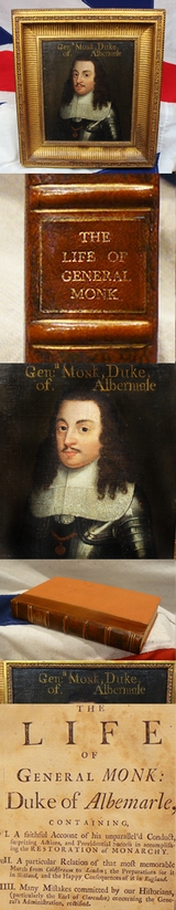 An Original English Civil War Period Portrait of General George Monk & General Monk's Early Leather Bound Biography