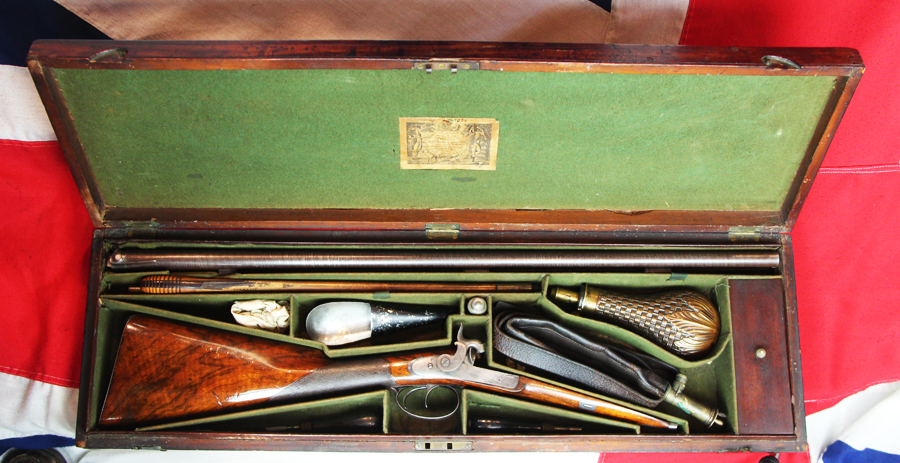 A Simply Wondrous, And An Absolute Beauty of a Cased, Double Barrelled Percussion Sporting Gun, Tools, Powder Flask Cleaning Rod, Nipple Key, Ramrod With Multi Heads, Turnscrew Etc. Bespoke Made Circa 1835. Maker to The King. W Parker Master Gunsmith