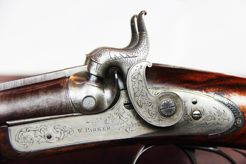 A Simply Wondrous, And An Absolute Beauty of a Cased, Double Barrelled Percussion Sporting Gun, Tools, Powder Flask Cleaning Rod, Nipple Key, Ramrod With Multi Heads, Turnscrew Etc. Bespoke Made Circa 1835. Maker to The King. W Parker Master Gunsmith