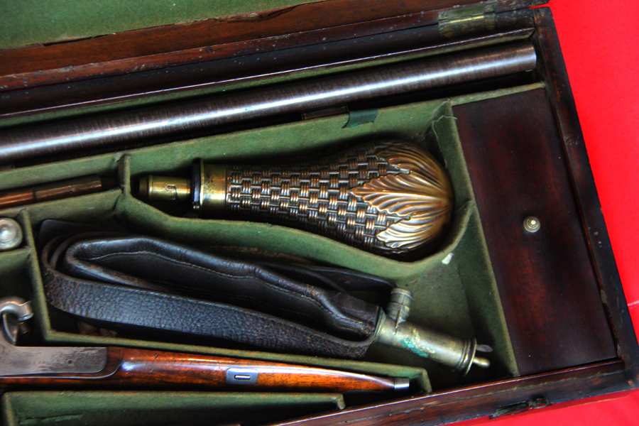 A Simply Wondrous, And An Absolute Beauty of a Cased, Double Barrelled Percussion Sporting Gun, Tools, Powder Flask Cleaning Rod, Nipple Key, Ramrod With Multi Heads, Turnscrew Etc. Bespoke Made Circa 1835. Maker to The King. W Parker Master Gunsmith