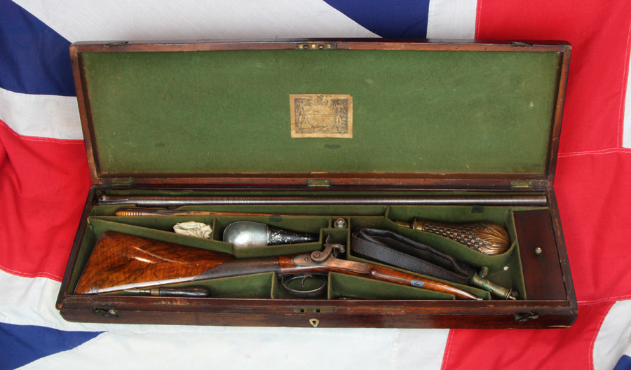 A Simply Wondrous, And An Absolute Beauty of a Cased, Double Barrelled Percussion Sporting Gun, Tools, Powder Flask Cleaning Rod, Nipple Key, Ramrod With Multi Heads, Turnscrew Etc. Bespoke Made Circa 1835. Maker to The King. W Parker Master Gunsmith