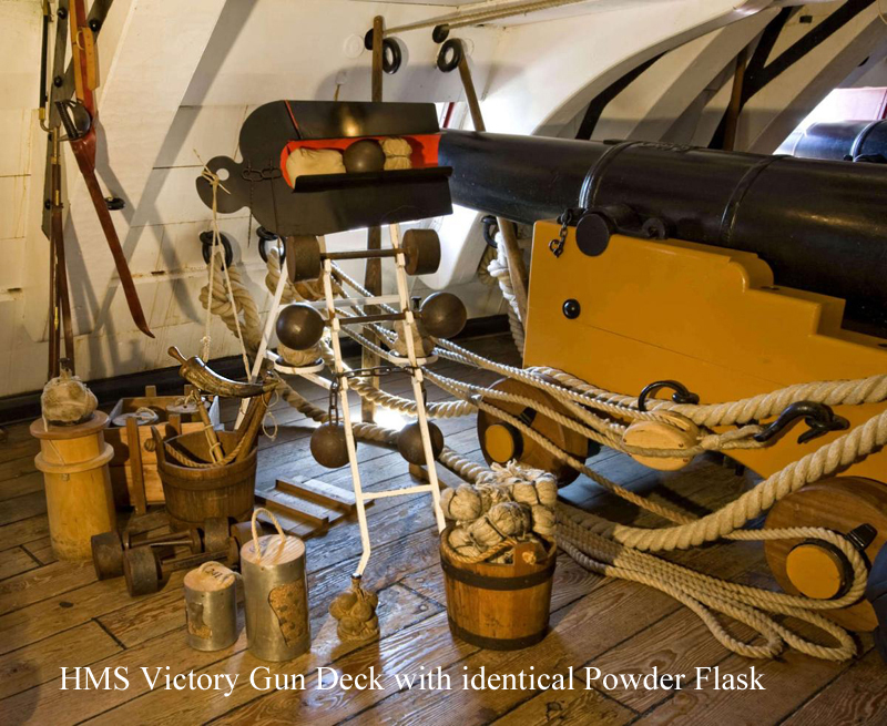 18th Century Royal Naval 100 Gunner Ship-Of-The-Line, Gunner's Cannon Priming Flask, Made and Used from the American Revolution, the Battle of Trafalgar and Beyond. Bearing a Royal Naval Ordnance Crown Stamp