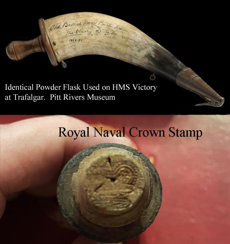 18th Century Royal Naval 100 Gunner Ship-Of-The-Line, Gunner's Cannon Priming Flask, Made and Used from the American Revolution, the Battle of Trafalgar and Beyond. Bearing a Royal Naval Ordnance Crown Stamp