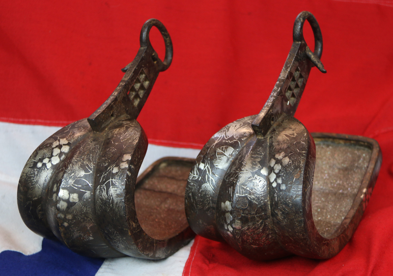 Wonderful, Original Antique, Japanese Samurai Battle Armour. A Super Pair of Edo Period Samurai Saddle Stirrups, Silver Inlaid & Signed By Yoshihira from Kashu Province. Probably a Daimyo or Seieibushi Samurai of the Maeda Clan, Lords of Kaga