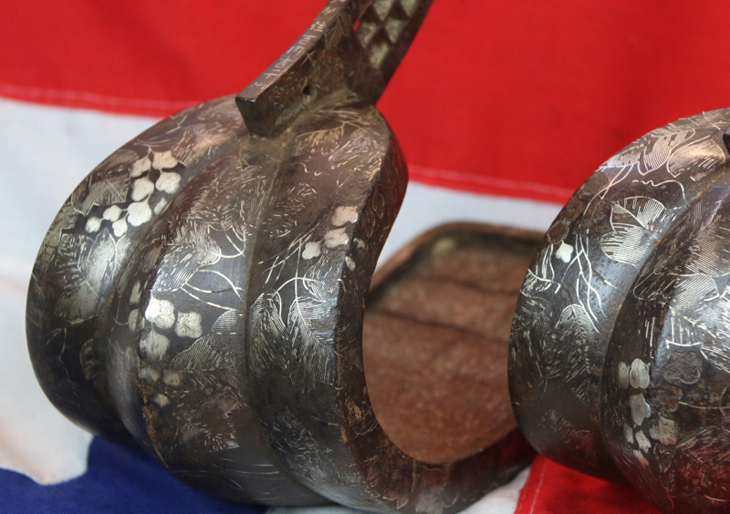 Wonderful, Original Antique, Japanese Samurai Battle Armour. A Super Pair of Edo Period Samurai Saddle Stirrups, Silver Inlaid & Signed By Yoshihira from Kashu Province. Probably a Daimyo or Seieibushi Samurai of the Maeda Clan, Lords of Kaga