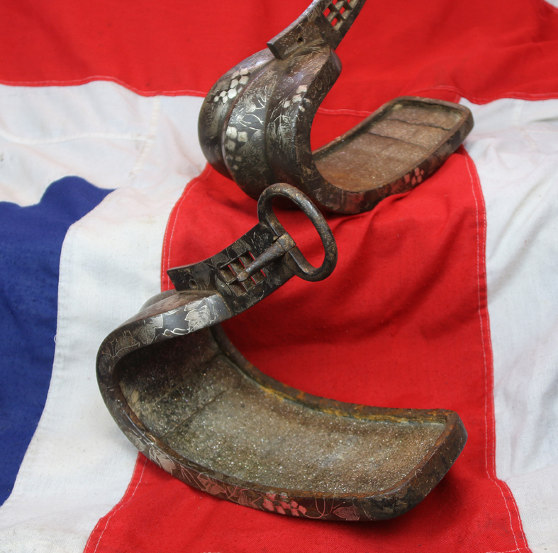 Wonderful, Original Antique, Japanese Samurai Battle Armour. A Super Pair of Edo Period Samurai Saddle Stirrups, Silver Inlaid & Signed By Yoshihira from Kashu Province. Probably a Daimyo or Seieibushi Samurai of the Maeda Clan, Lords of Kaga
