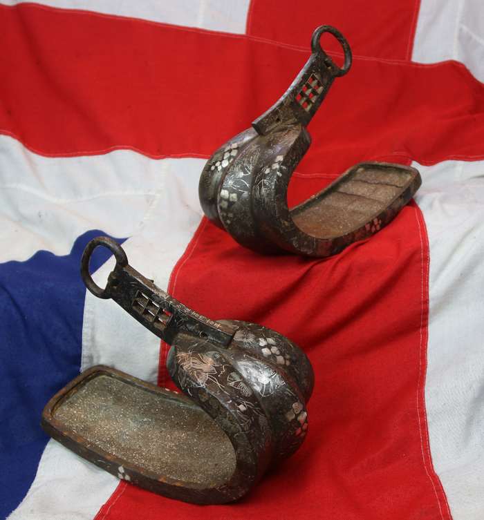 Wonderful, Original Antique, Japanese Samurai Battle Armour. A Super Pair of Edo Period Samurai Saddle Stirrups, Silver Inlaid & Signed By Yoshihira from Kashu Province. Probably a Daimyo or Seieibushi Samurai of the Maeda Clan, Lords of Kaga