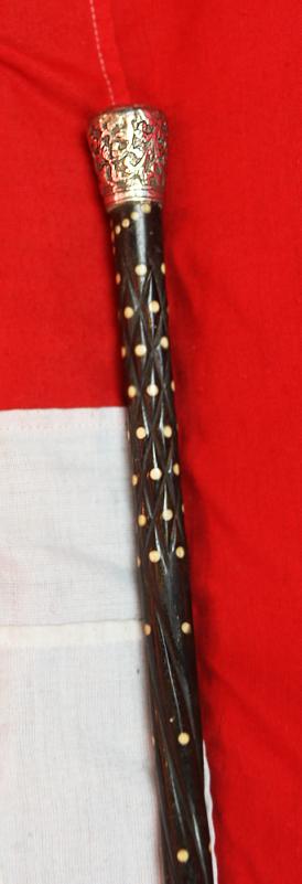 A Most Interesting & Beautiful Quality Victorian Walking Cane. With a Florid Repousse Silver Top, Carved Spiral Haft With Carved Bullet Inlays