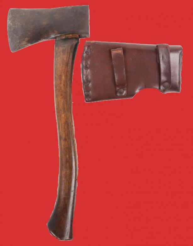 Part of a Superb WW1 Machine Gunner's Collection, British and German. An Incredibly Rare WW1 German Machine Gunners Abteilung Marked Utility and Combat Axe and Cradle Leather Belt Holster Regimentally Marked