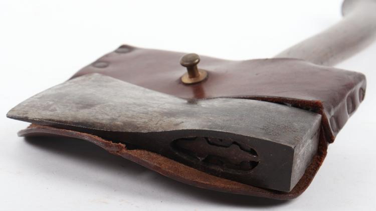 Part of a Superb WW1 Machine Gunner's Collection, British and German. An Incredibly Rare WW1 German Machine Gunners Abteilung Marked Utility and Combat Axe and Cradle Leather Belt Holster Regimentally Marked