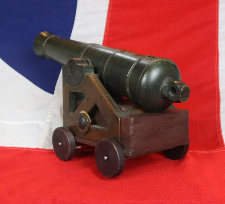 A Stunning, Original 1840's ‘Prototype’ Bronze Cannon of a Dundas 32 Pounder Cannon On Original Bronze Carriage For Coastal Artillery. Around Quarter Size Original Presentation Cannon Made Circa 1840 To Assist In The Acquisition of The Ordnance Contract