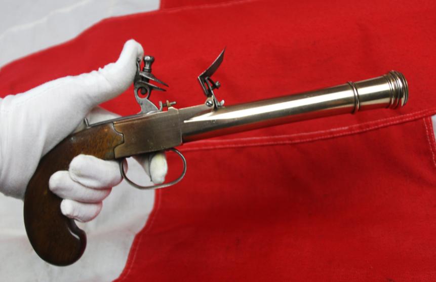 A Fabulous & Impressive 18th Century Ship Captain’s Beautiful & Large, Brass Barrel Naval Blunderbuss Flintlock Pistol, With Box-Lock Action.