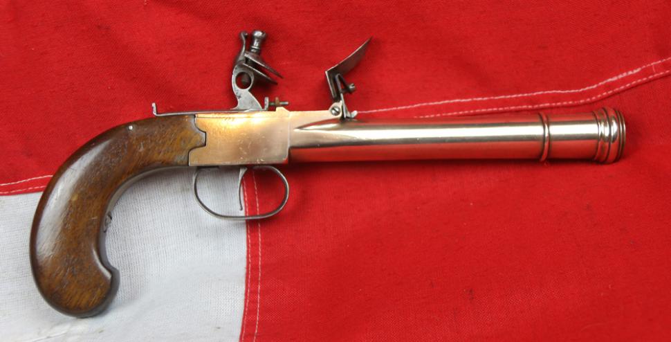 A Fabulous & Impressive 18th Century Ship Captain’s Beautiful & Large, Brass Barrel Naval Blunderbuss Flintlock Pistol, With Box-Lock Action.