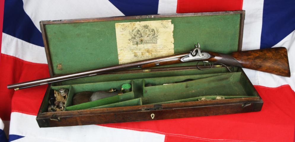 A Fabulous Quality King George IIIrd Cased Double Barrel Sporting Gun By World Renowned Gunsmith S.Nock, Early Transitional Flintlock To Percussion