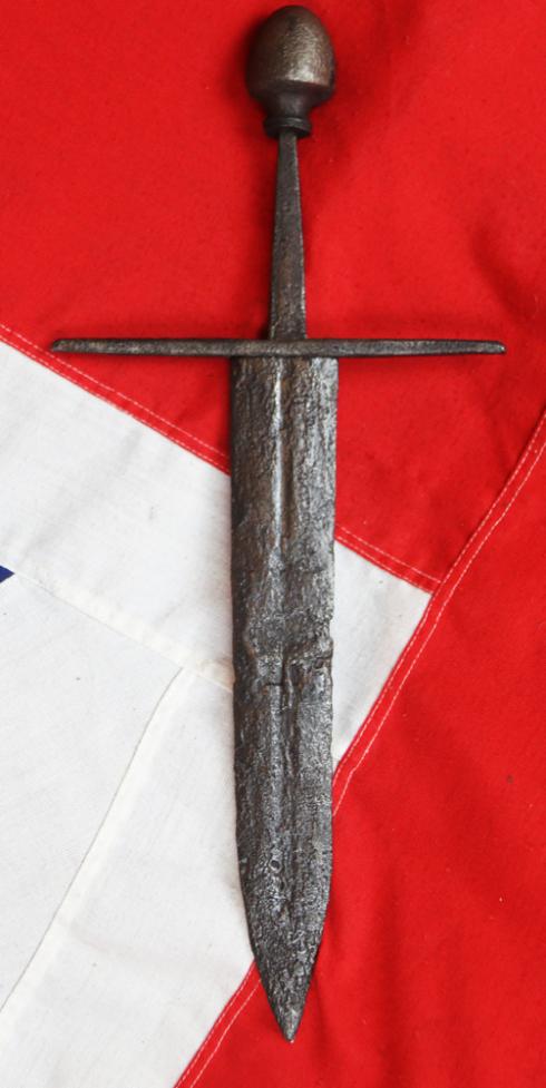 A Superb Original 12th Century Crusader Knights Templar Medieval Knight's Dagger, A Shortened Knightly Sword, with Crucifix Hilt. The Blade Bears The Remains of a Templar Cross, Inlaid, in Gold Alloy Latten, Upon One Blade Face Below The Hilt