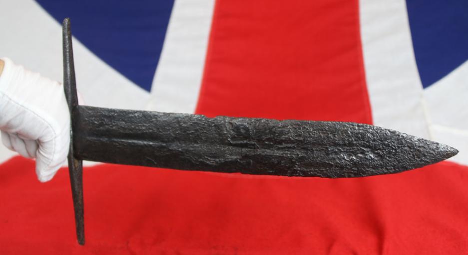 A Superb Original 12th Century Crusader Knights Templar Medieval Knight's Dagger, A Shortened Knightly Sword, with Crucifix Hilt. The Blade Bears The Remains of a Templar Cross, Inlaid, in Gold Alloy Latten, Upon One Blade Face Below The Hilt