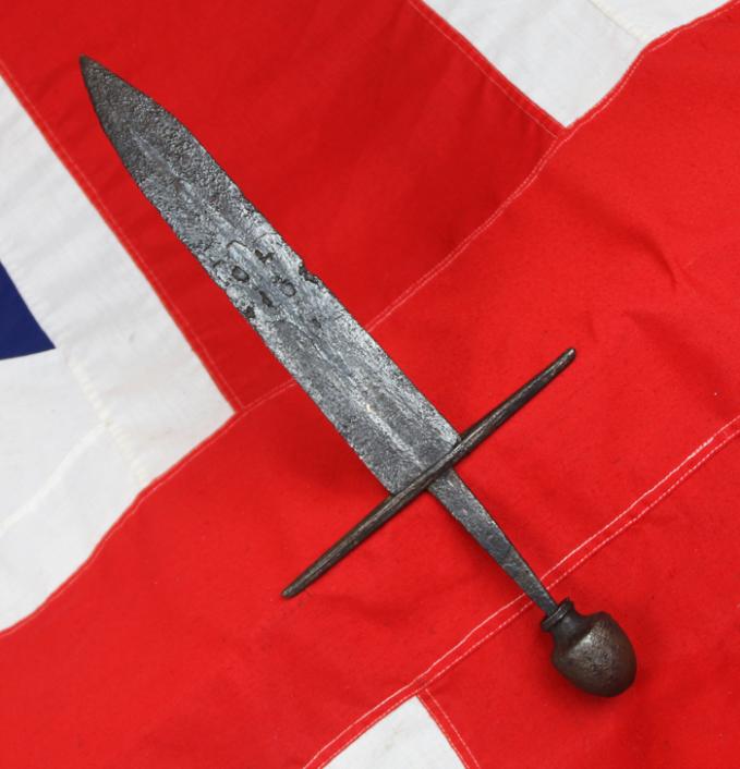 A Superb Original 12th Century Crusader Knights Templar Medieval Knight's Dagger, A Shortened Knightly Sword, with Crucifix Hilt. The Blade Bears The Remains of a Templar Cross, Inlaid, in Gold Alloy Latten, Upon One Blade Face Below The Hilt