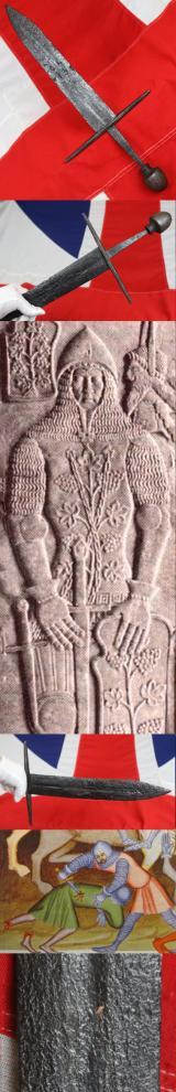 A Superb Original 12th Century Crusader Knights Templar Medieval Knight's Dagger, A Shortened Knightly Sword, with Crucifix Hilt. The Blade Bears The Remains of a Templar Cross, Inlaid, in Gold Alloy Latten, Upon One Blade Face Below The Hilt