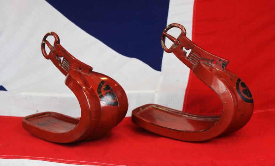 A Superb Pair of Red Lacquer Over Steel Abumi, Samurai Stirrups, Edo Period Used by Daimyo or Seieibushi (Elite Samurai) Traditionally the Highest Rank of Elite Samurai of The Sakai Clan,