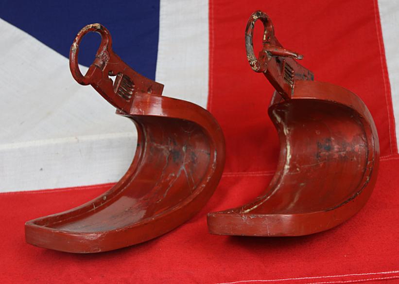 A Superb Pair of Red Lacquer Over Steel Abumi, Samurai Stirrups, Edo Period Used by Daimyo or Seieibushi (Elite Samurai) Traditionally the Highest Rank of Elite Samurai of The Sakai Clan,
