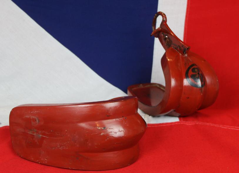 A Superb Pair of Red Lacquer Over Steel Abumi, Samurai Stirrups, Edo Period Used by Daimyo or Seieibushi (Elite Samurai) Traditionally the Highest Rank of Elite Samurai of The Sakai Clan,