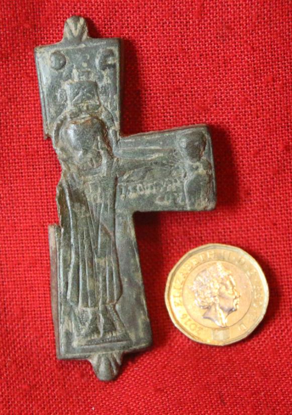 A Fabulous 10th to 12th Century, Crusader Knights Period, Original, Large Reliquary Pectoral Cross Pendant, Crucifix. Possibly Cleaved By a Sword Cut
