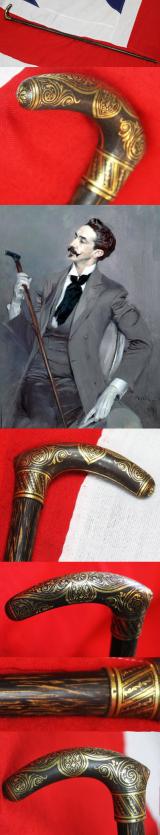 A Fabulous, Extraordinarily Beautiful and Exquisite Quality Pure Koftgari Gold Inlaid Gentleman’s Walking Stick ‘Dandy Cane’ Inlaid With Incredibly Skillful Craftmanship