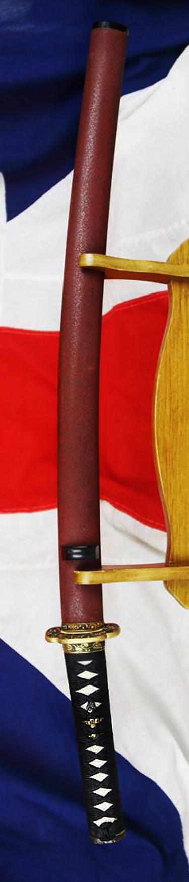 A Fabulous Museum Grade Samurai Daimyo's Art-Sword. From The Koto Era. A Samurai Wakizashi Sword By Master Tadamitsu With Rare Gaku-mei Nakago. Blade, Circa 1440-1460. Mino Goto Koshirae, With Deep Red Ishime Lacquer Saya & Black Silk Binding