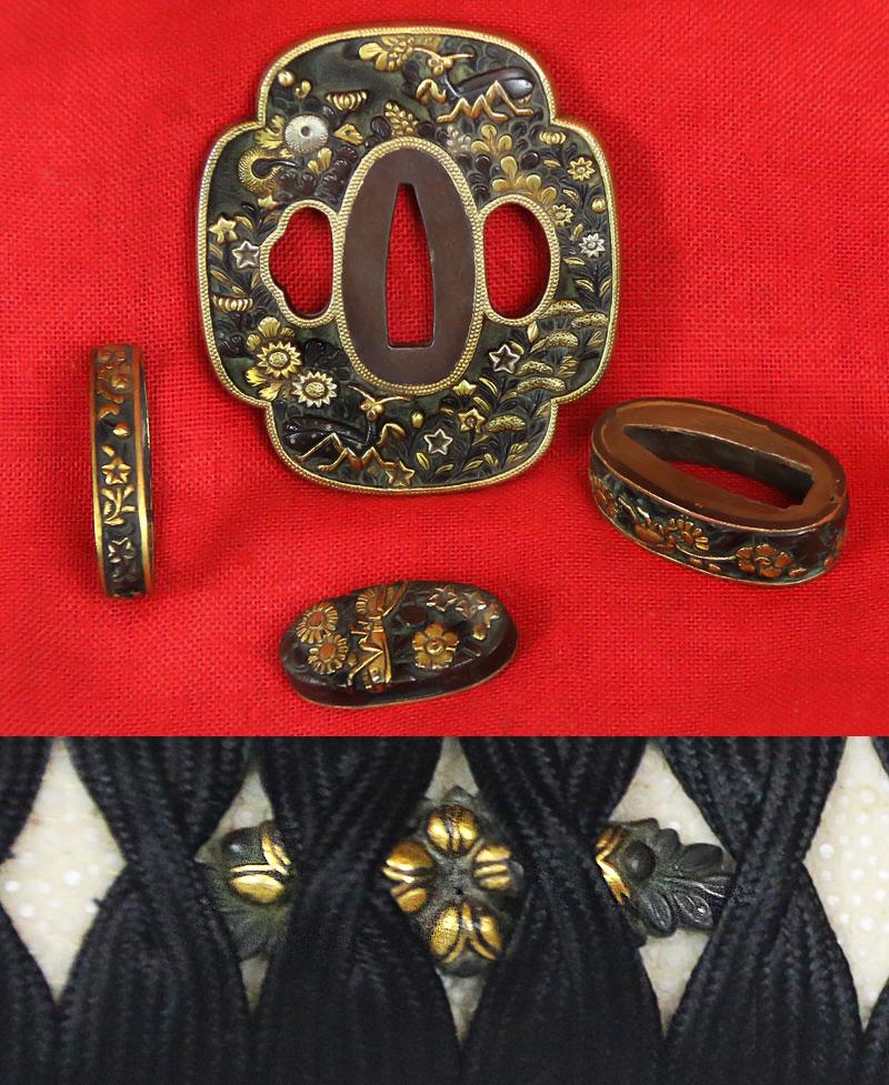 A Fabulous Museum Grade Samurai Daimyo's Art-Sword. From The Koto Era. A Samurai Wakizashi Sword By Master Tadamitsu With Rare Gaku-mei Nakago. Blade, Circa 1440-1460. Mino Goto Koshirae, With Deep Red Ishime Lacquer Saya & Black Silk Binding