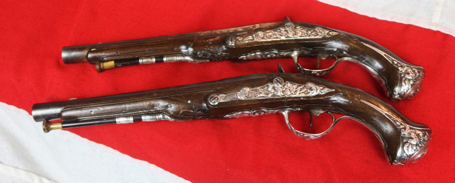 Pair of Magnificent, French Royal Grade & Simply Superb Solid Silver Mounted 18th Century 'Parisian' Saddle & Duelling Pistols, Last Used in Combat At Waterloo, Bespoke Made by Maitre Kettinis, Arquebusier a Paris, Of Museum Quality