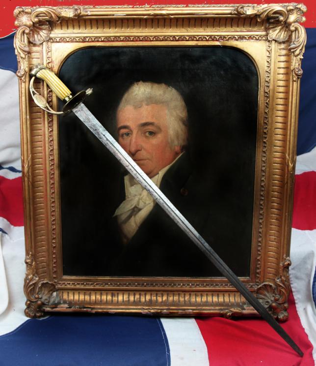 A Personalised & Named Naval Sword of an 1804 Naval Hero Commodore of a British East Indiaman Fleet & His Original Framed Portrait