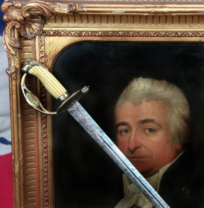 A Personalised & Named Naval Sword of an 1804 Naval Hero Commodore of a British East Indiaman Fleet & His Original Framed Portrait