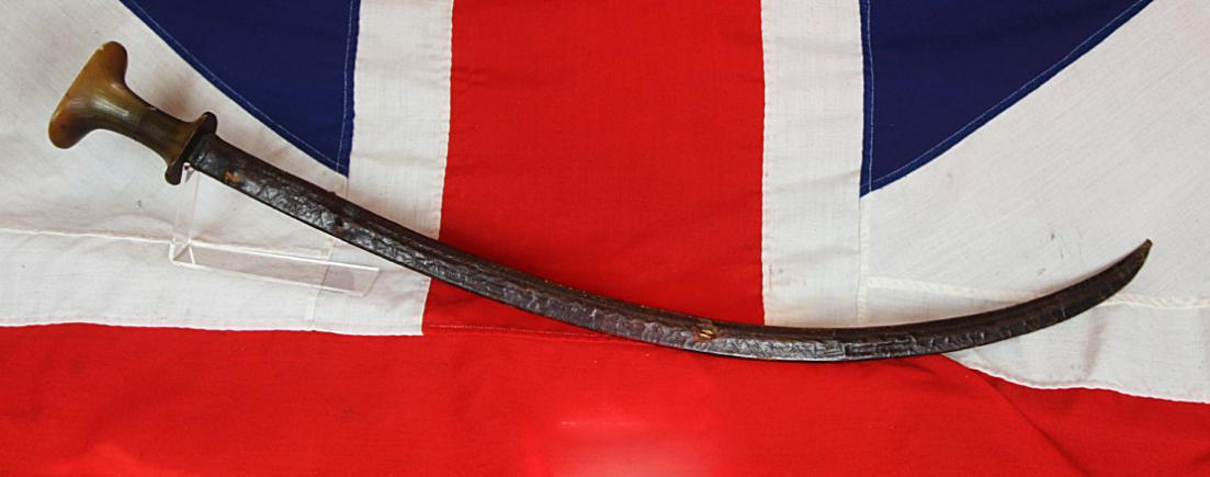 ⚔️Original 19th Century Carved Blonde Rhino Horn Hilted Emperor Menelik IInd Ethiopian Shotel With Deeply Curved Fully Etched Blade With Scrolling, Amharic Script & a 1780 Silver Austro Hungarian Thaler Pommel. & Used Into Reign of Emperor Haile Selassie