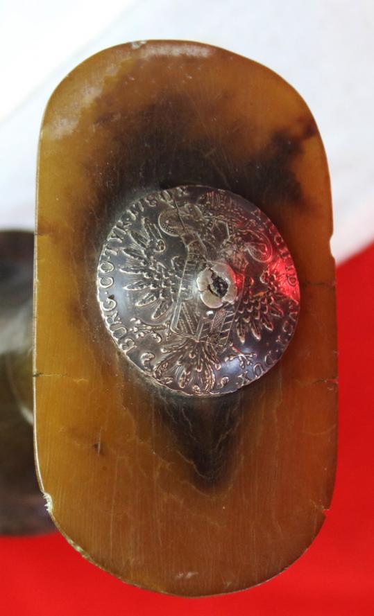 ⚔️Original 19th Century Carved Blonde Rhino Horn Hilted Emperor Menelik IInd Ethiopian Shotel With Deeply Curved Fully Etched Blade With Scrolling, Amharic Script & a 1780 Silver Austro Hungarian Thaler Pommel. & Used Into Reign of Emperor Haile Selassie