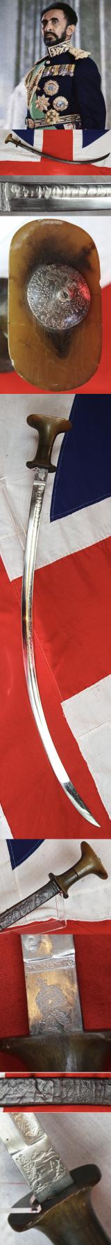 ⚔️Original 19th Century Carved Blonde Rhino Horn Hilted Emperor Menelik IInd Ethiopian Shotel With Deeply Curved Fully Etched Blade With Scrolling, Amharic Script & a 1780 Silver Austro Hungarian Thaler Pommel. & Used Into Reign of Emperor Haile Selassie