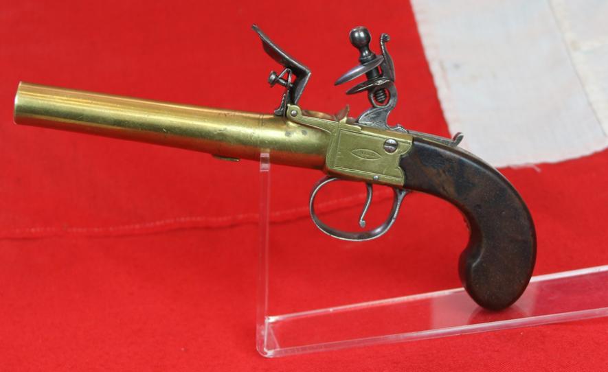 A Most Beautiful All Brass Large Boxlock King George IIIrd Napoleonic Wars Flintlock Pistol. By Master Gunsmith Philip Bond of London