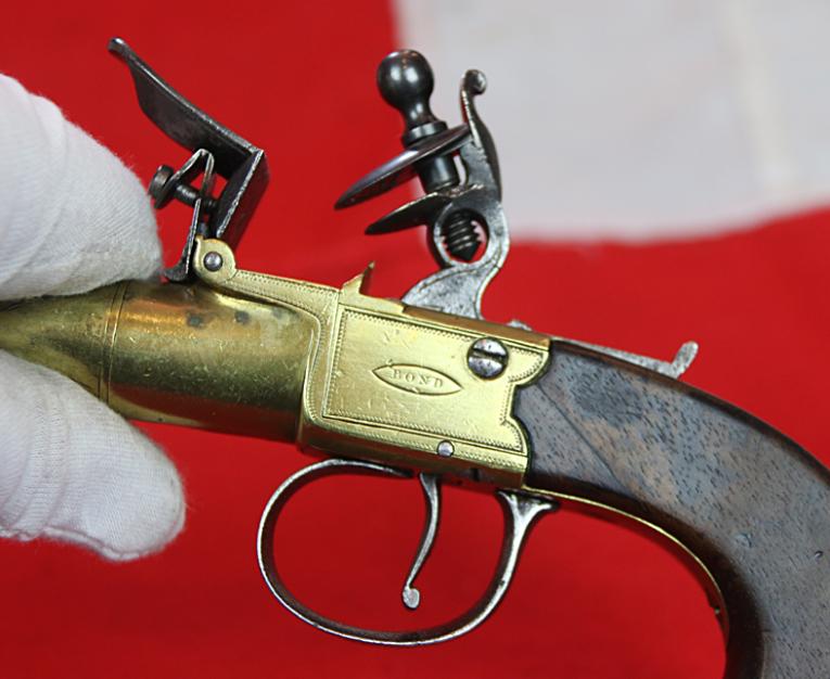 A Most Beautiful All Brass Large Boxlock King George IIIrd Napoleonic Wars Flintlock Pistol. By Master Gunsmith Philip Bond of London
