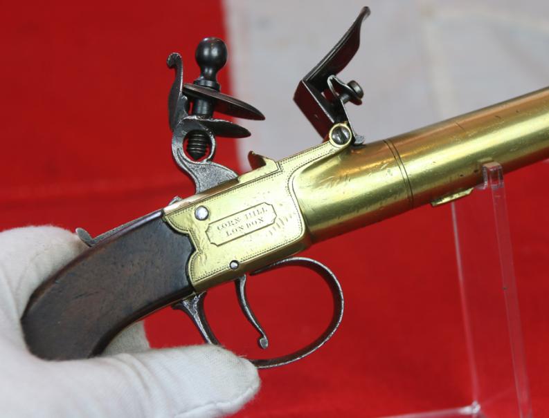 A Most Beautiful All Brass Large Boxlock King George IIIrd Napoleonic Wars Flintlock Pistol. By Master Gunsmith Philip Bond of London